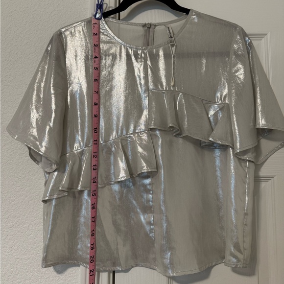stradivarius Shimmery Silver Ruffle Short Sleeve Top - Picture 5 of 6